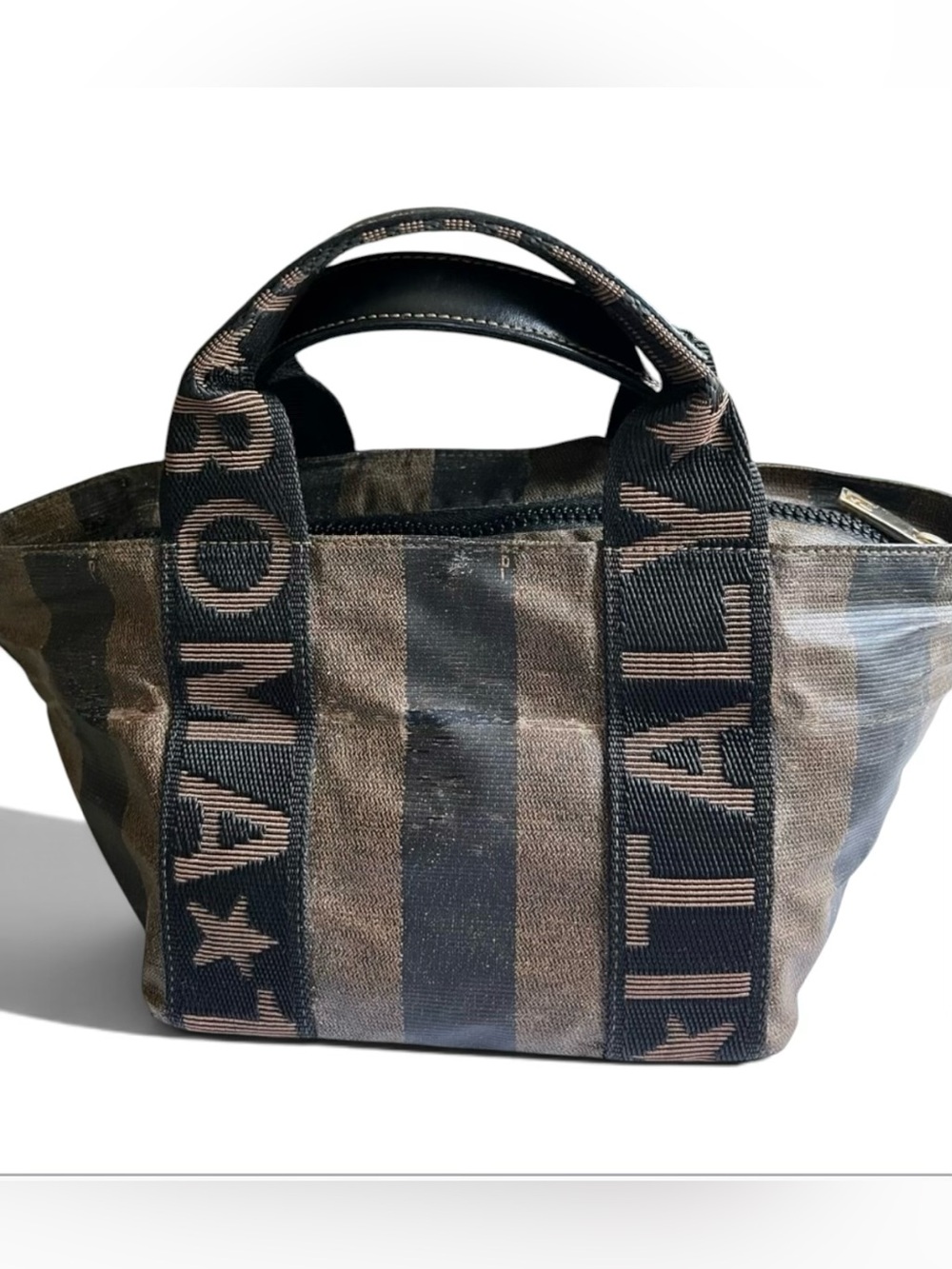Vintage Fendi Roma Italy Pequin Stripe Mini Tote Bag Brown Black
Logo Handle